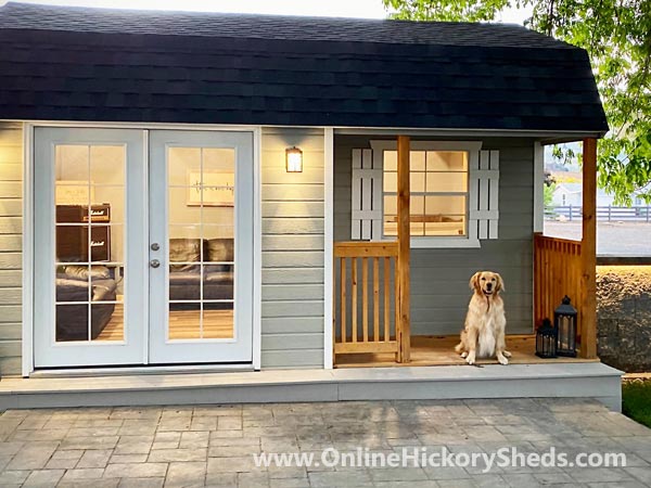 Hickory Sheds Lofted Side Porch with Black Shingles