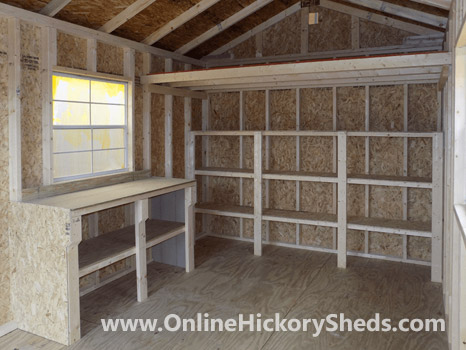 Hickory Sheds Utility Shed with Shelves and Workbench Additions
